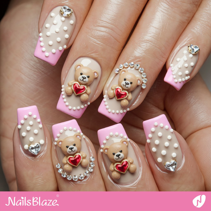 French Manicure Teddy Bear Design | Teddy Nails for Valentine - NB7231