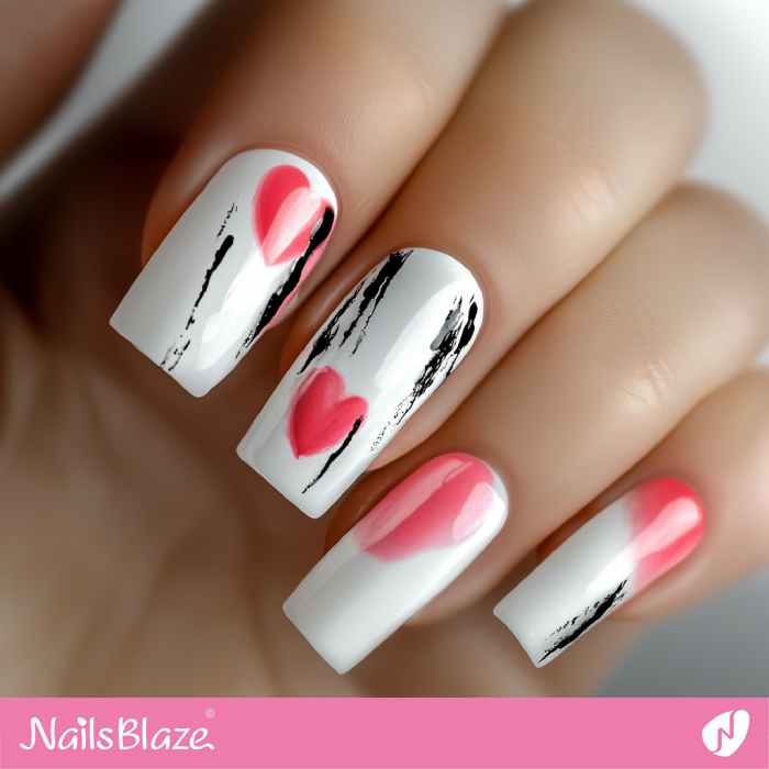 Abstract White Nails with Watercolor Hearts | Abstract Valentine Nails- NB7501