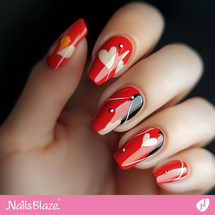 Abstract Red Nails with White Hearts for Valentine | Abstract Valentine Nails- NB7503