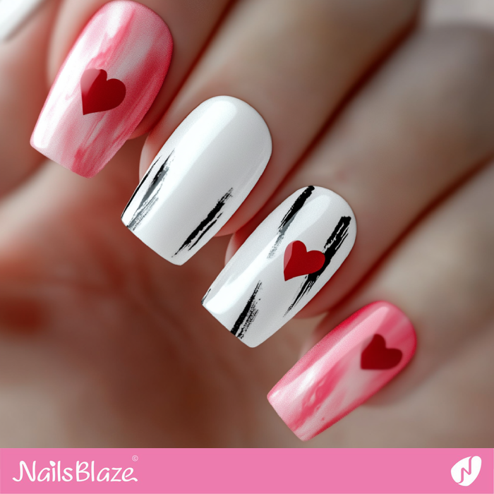 Abstract Pink and White Nails with Hearts | Abstract Valentine Nails- NB7504