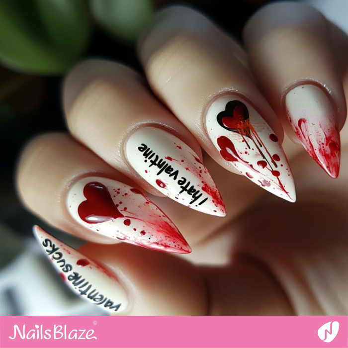 Bloody Red Hearts Nails Design | Anti Valentine's Nail Designs - NB7232