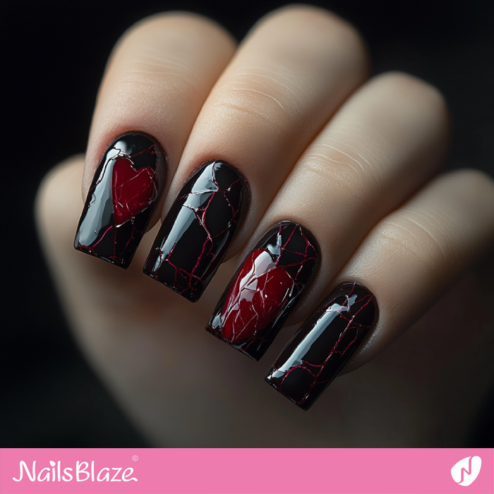 Square Shaped Heart and Crackle Nails Design | Anti Valentine