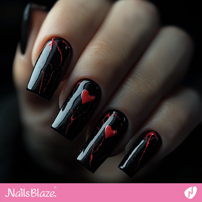 Long Anti Valentine Nails with Hearts | Anti Valentine's Nails - NB7236