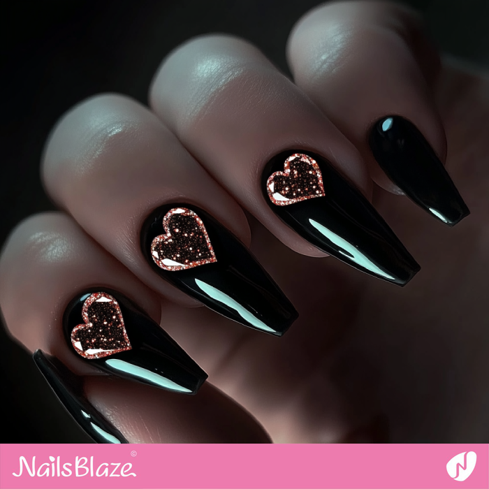 Long Coffin Nails Glitter Heart Design | Black Valentine