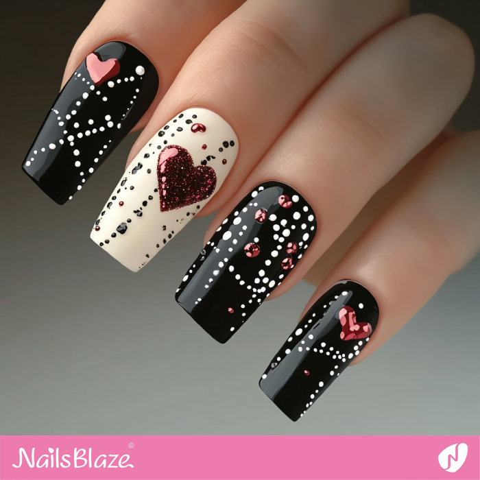 Long Black Square Nails with Hearts and Dots | Black Valentine's Nails - NB7296