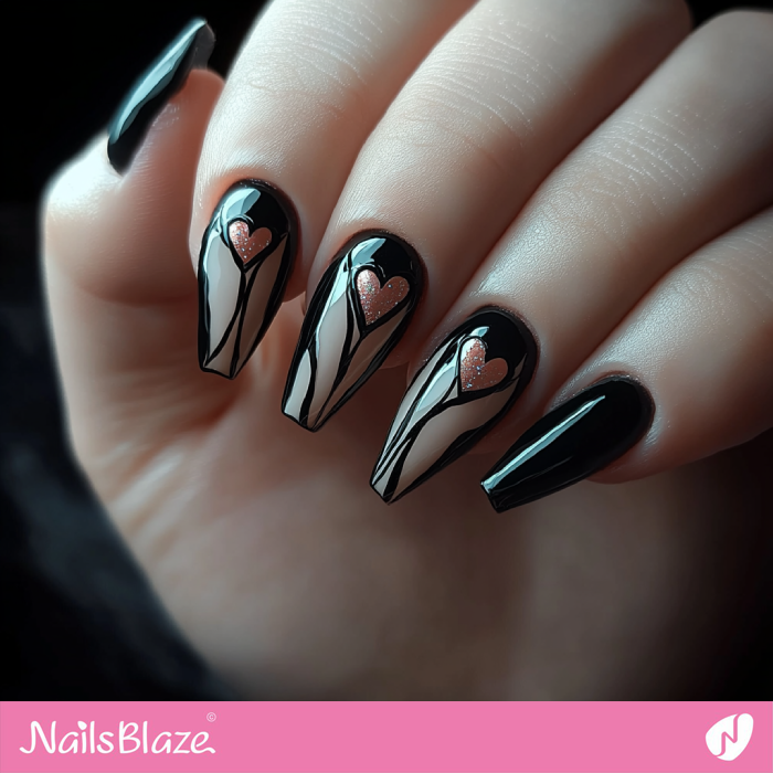 Pink Heart for Black Nails Design | Black Valentine