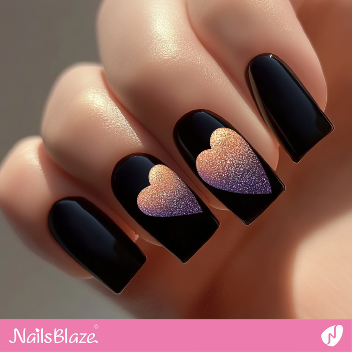 Black Nails Gradient Heart Design | Black Valentine