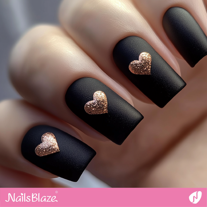 3D Heart Design for Matte Black Nails | Black Valentine's Nails - NB7299