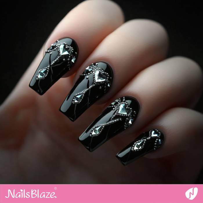 Hearts and Crystals Design for Black Nails | Black Valentine