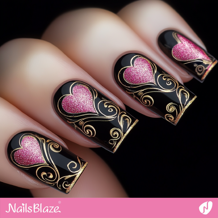 Black Nails with Gold Filigree Design and Heart | Black Valentine