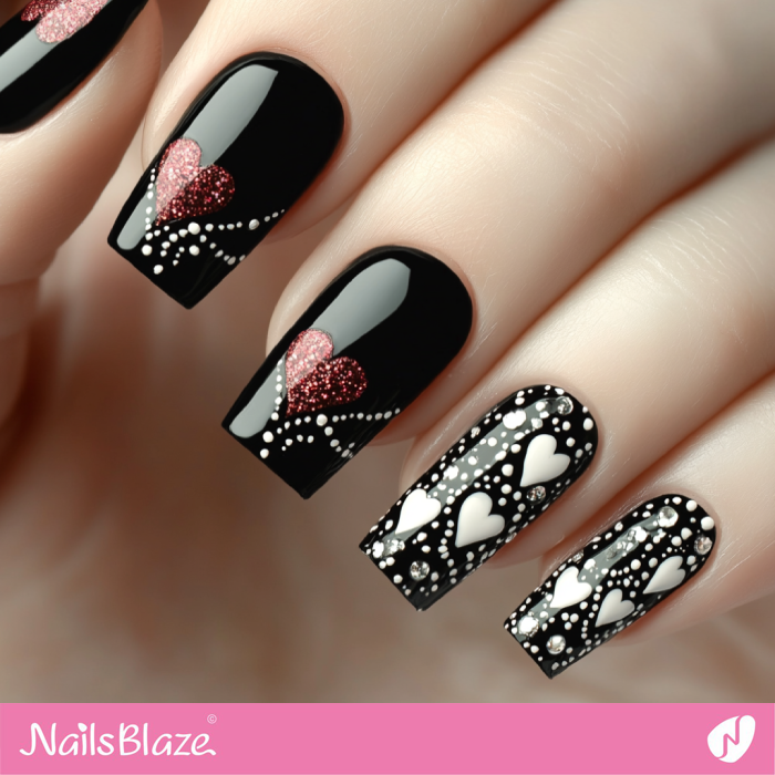 Red and White Heart Design for Valentine Nails | Black Valentines Nails - NB7302