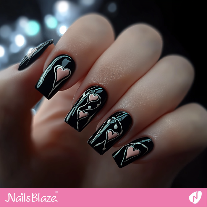 Simple Black Nails Design with Heart for Valentine