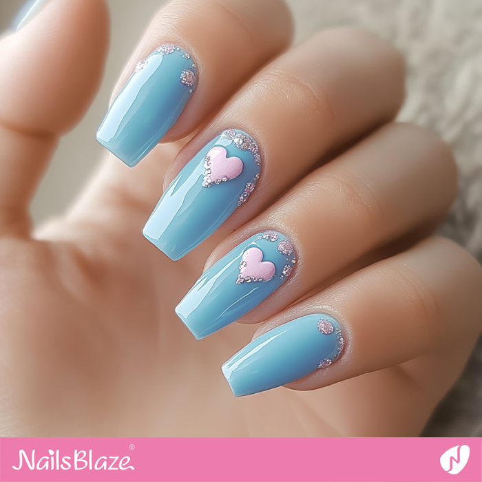 Glossy Valentine Blue Nails Pink Heart Design | Blue Valentine Nails- NB7372