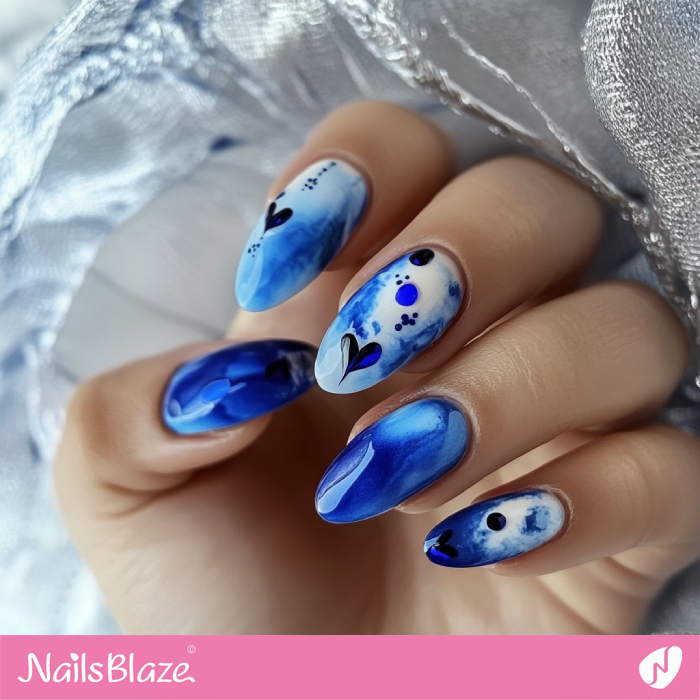 Watercolor Blue Nails with Heart | Blue Valentine Nails- NB7374