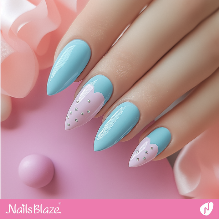 Baby Blue Nails Pink Heart Design | Blue Valentine Nails- NB7376