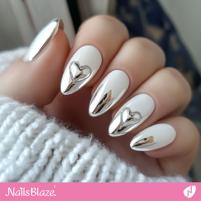 Valentine White Nails with Chrome Tips | Chrome Valentine