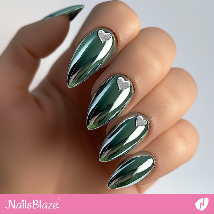 Green Chrome Nails with Heart | Chrome Valentine's Nails- NB7394