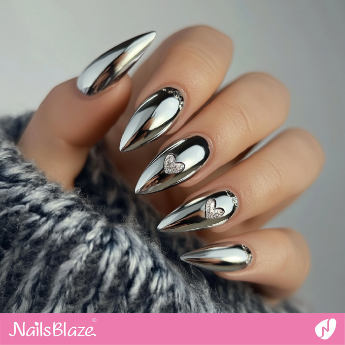 Long Almond Chrome Nails with Heart | Chrome Valentine