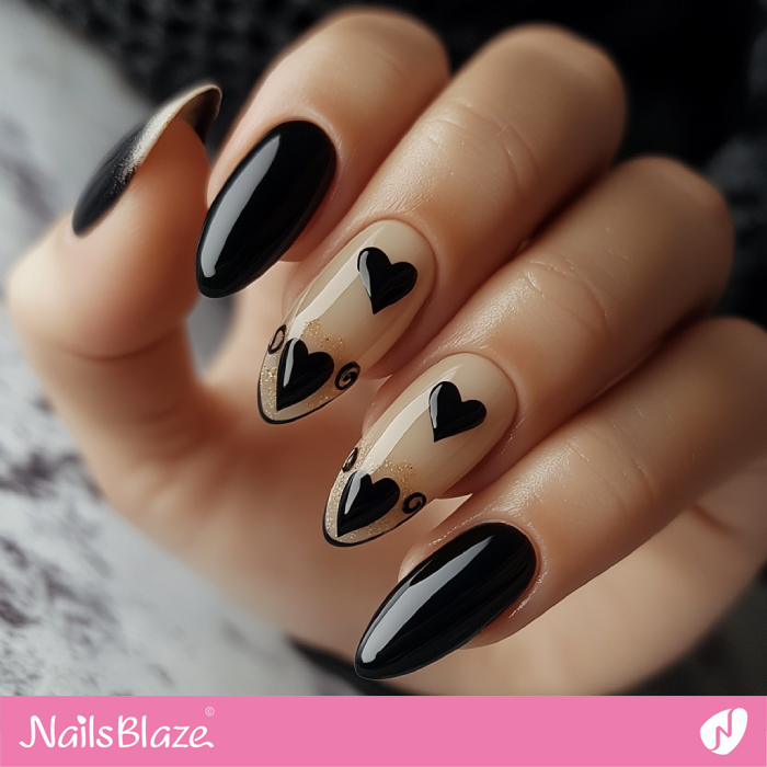 Classy Black Nails with Hearts for Valentine | Classy Valentine