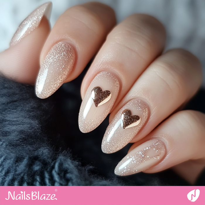 Classy Shimmer Nails Design with Gold Hearts | Classy Valentine