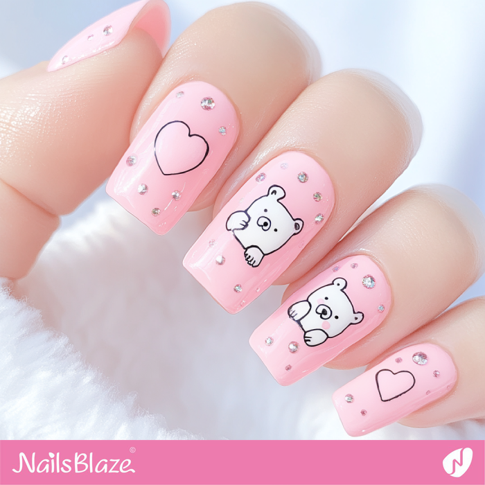 Pink Nails with Bear Design | Valentine