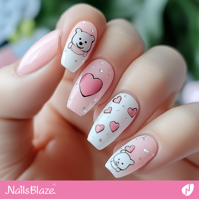 Valentine Bears and Hearts Nails Design | Valentine's Cute Nails - NB7108