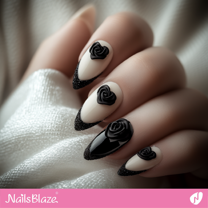 Black French Valentine Nails with 3D Roses | French Valentine Nails- NB7490