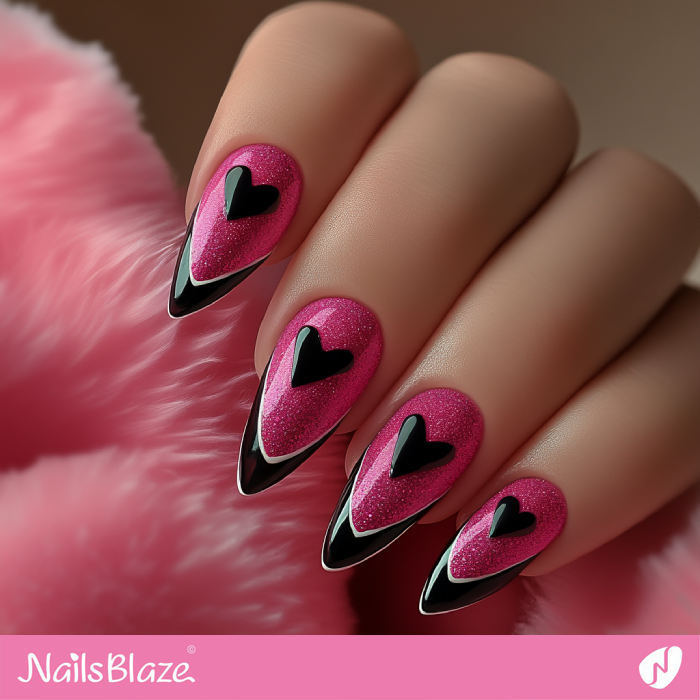 Glitter Pink Nails with Black Hearts | French Valentine Nails- NB7491