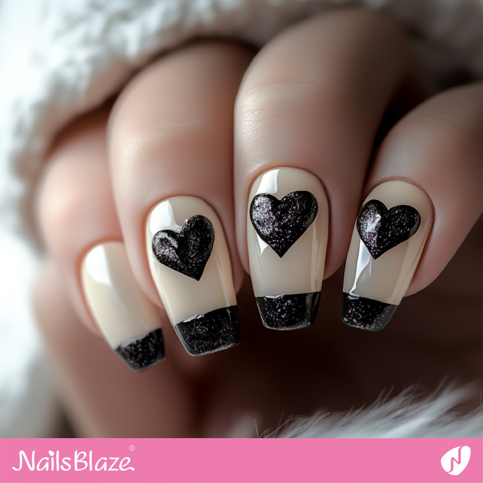 Neutral Nails French Mani with Black Hearts | French Valentine Nails- NB7494