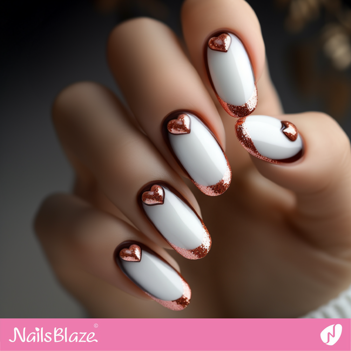 Copper Golden Bronze Glitter Tips for White Nails Design | French Valentine Nails- NB7495