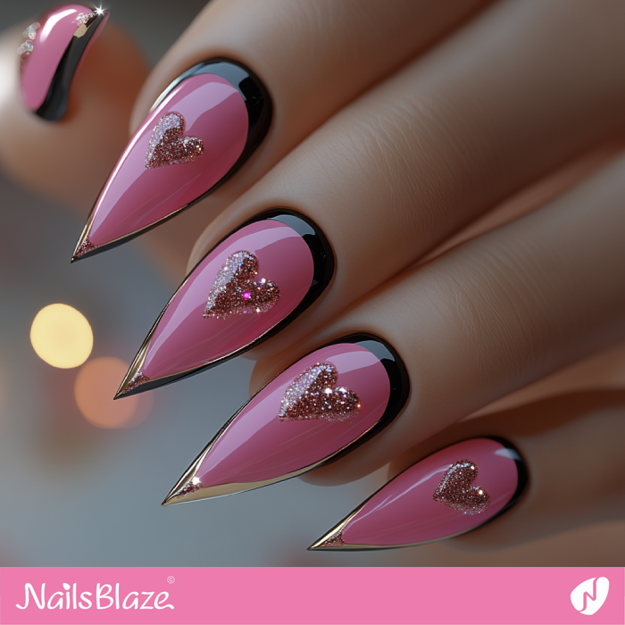 Valentine Stiletto Pink Nails with Gold Tips | French Valentine Nails- NB7484