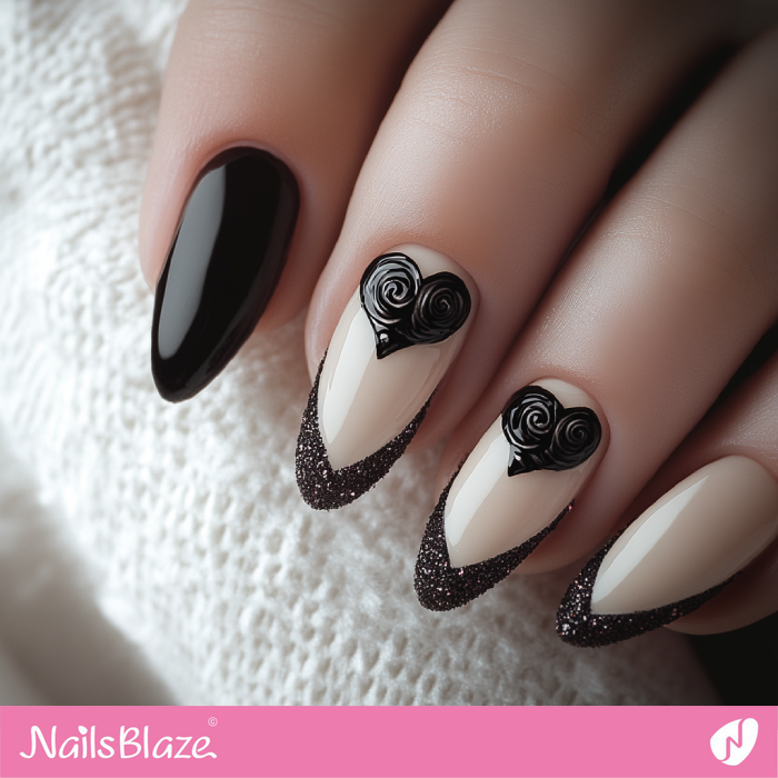 Classy Nails with Glitter Black Tips | French Valentine Nails- NB7486