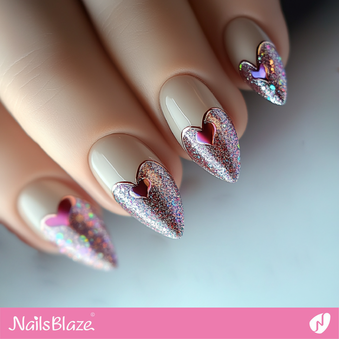 Nails with Glitter Heart Tips | Glitter Valentine