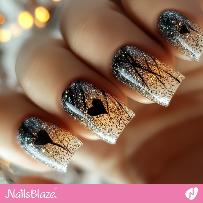 Black Hearts for Glitter Ombre Nails | Glitter Valentines Nails - NB7315