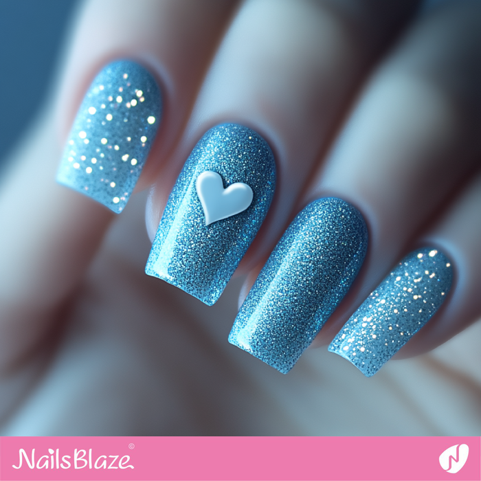 Valentine Glitter Blue Nails with Heart Accent | Glitter Valentine's Nails - NB7317