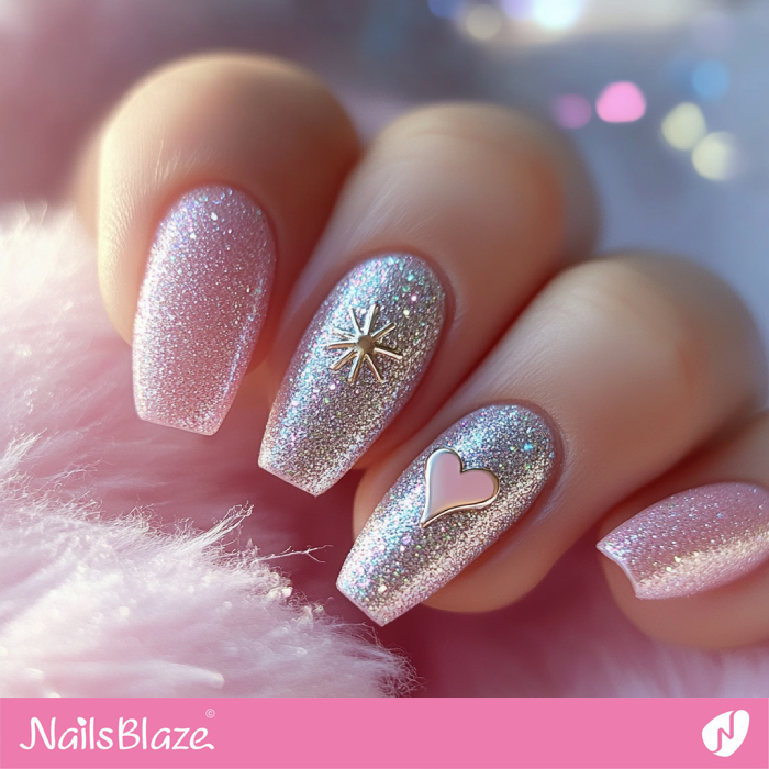 Valentine Glitter Pink Nails with Heart Accent | Glitter Valentine's Nails - NB7318