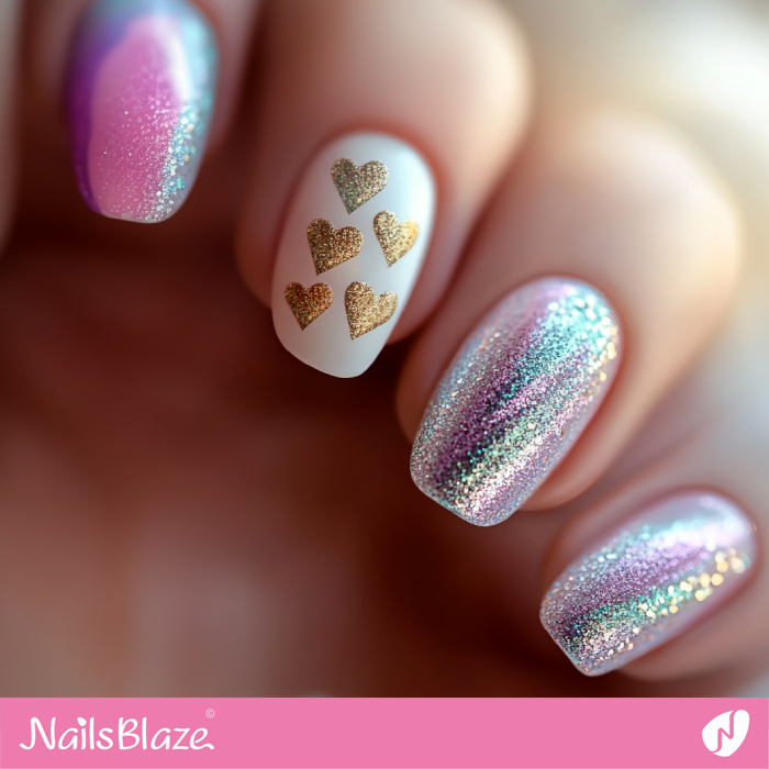 Short Holographic Glitter Nail Art with Hearts | Glitter Valentine