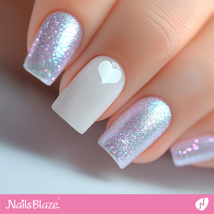 White Nails with a Heart for Valentine | Glitter Valentine