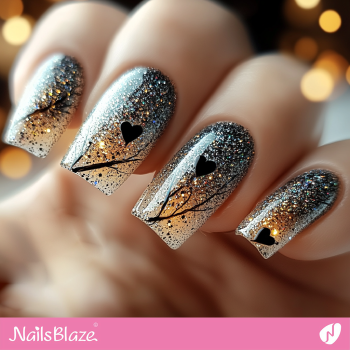 Black Hearts for Fully Glitter Nails Design | Glitter Valentine's Nails - NB7306