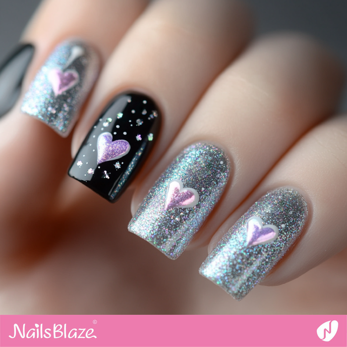 Glitter Square Nails with Heart Design | Glitter Valentine's Nails - NB7307