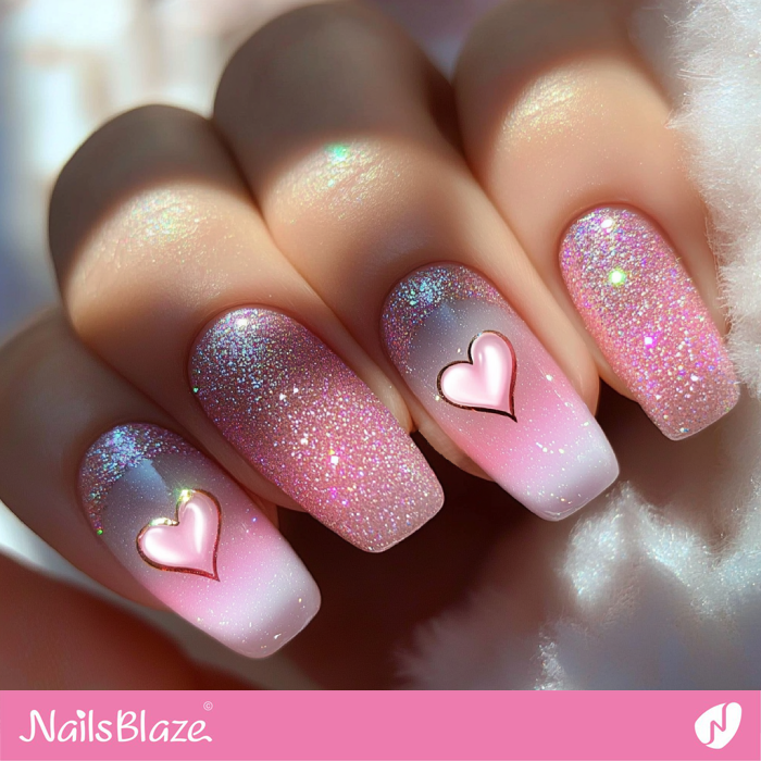 Heart Design for Pink Bling Nails | Glitter Valentine