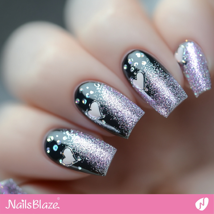 Purple Glitter for Black Nails Design | Glitter Valentine's Nails - NB7312