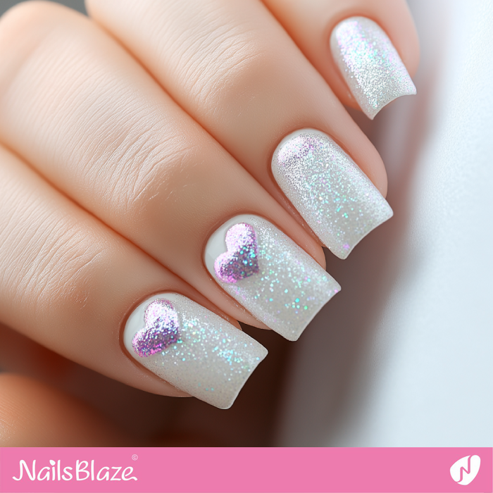 White Short Nails Glitter Design | Glitter Valentine