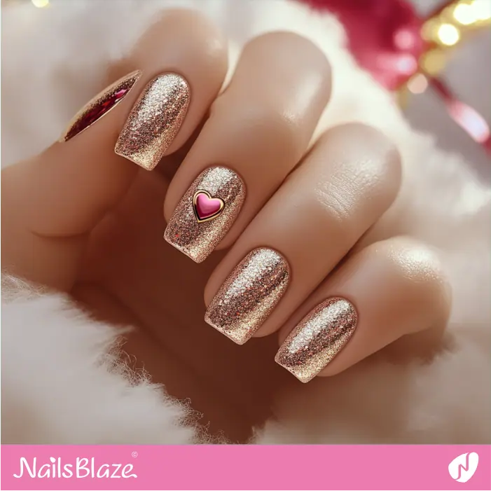 Glitter Design Square Nails and Heart Accent | Luxury Valentine Nails- NB7423