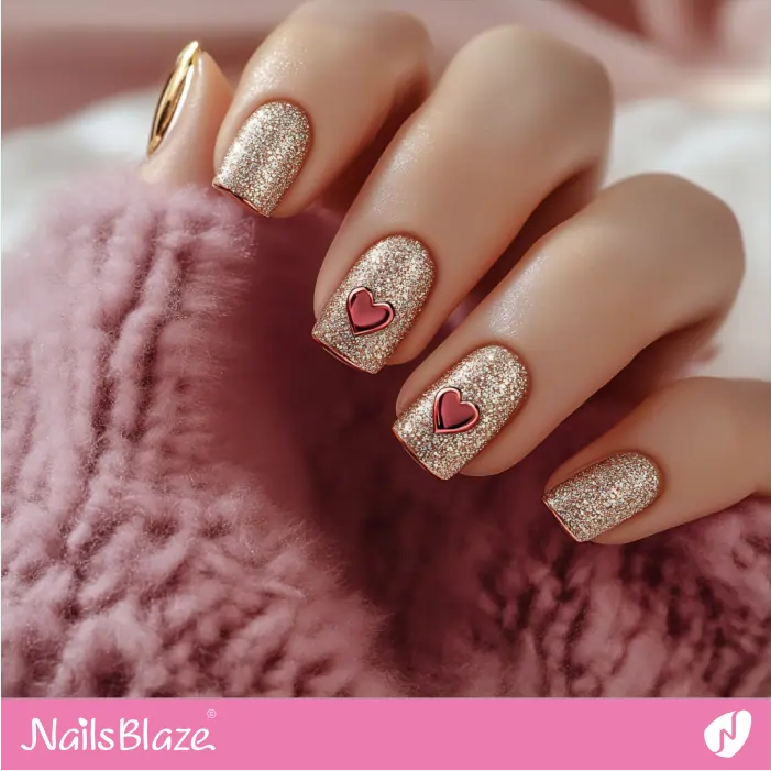 3D Hearts for Gold Glitter Nails | Luxury Valentine Nails- NB7432