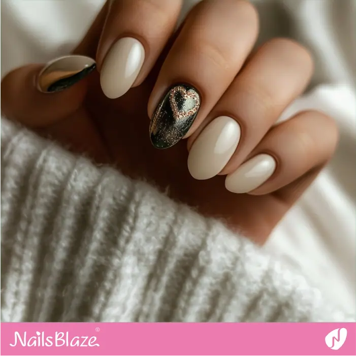 Pearly White Nails with Heart Accent | Luxury Valentine Nails- NB7434