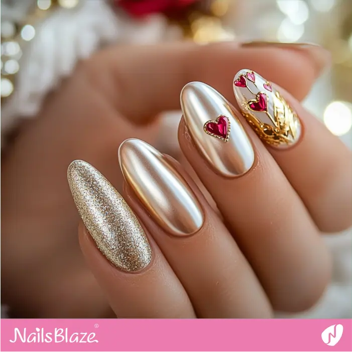 Luxury Chrome Nails with Dainty Pink Hearts | Luxury Valentine Nails- NB7436