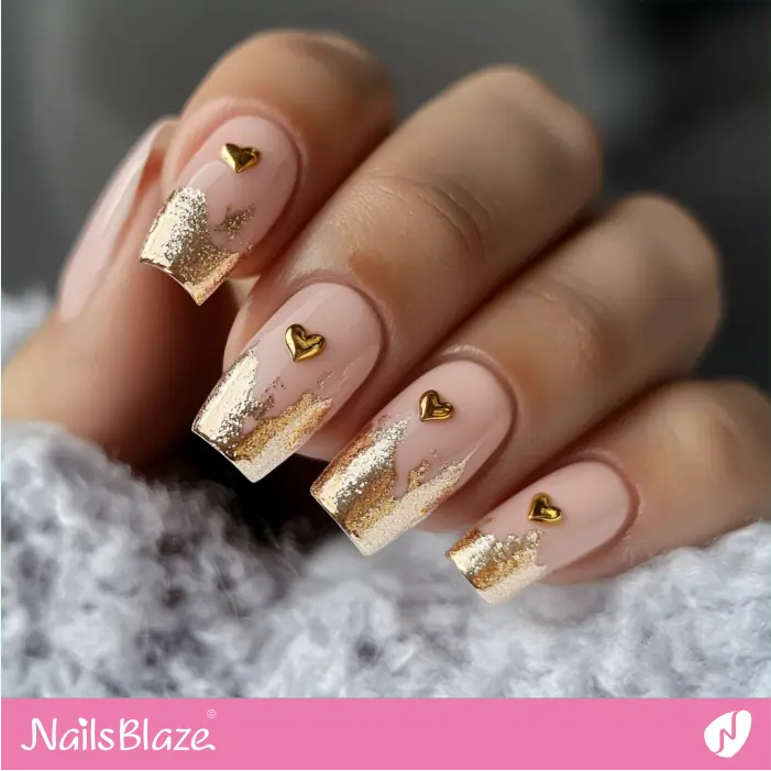 Nails with Gold Foil Tips and Hearts | Luxury Valentine Nails- NB7437