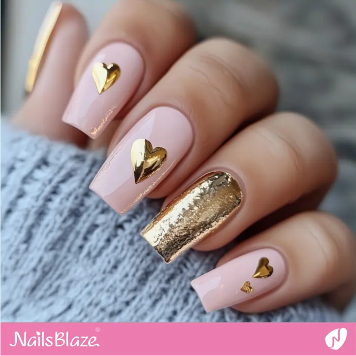 Milky Pink Nails with Gold Hearts | Luxury Valentine Nails- NB7428