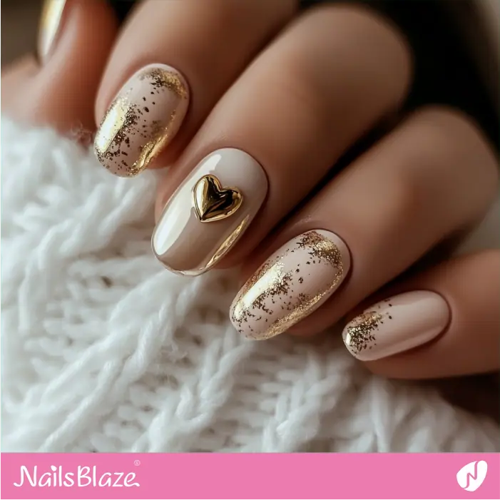 Short Milky Nails with Gold Foil Design | Luxury Valentine Nails- NB7430